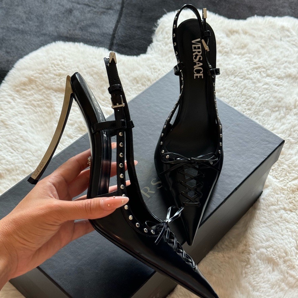 Versace Laced Pin-Point Leather Slingback Pump